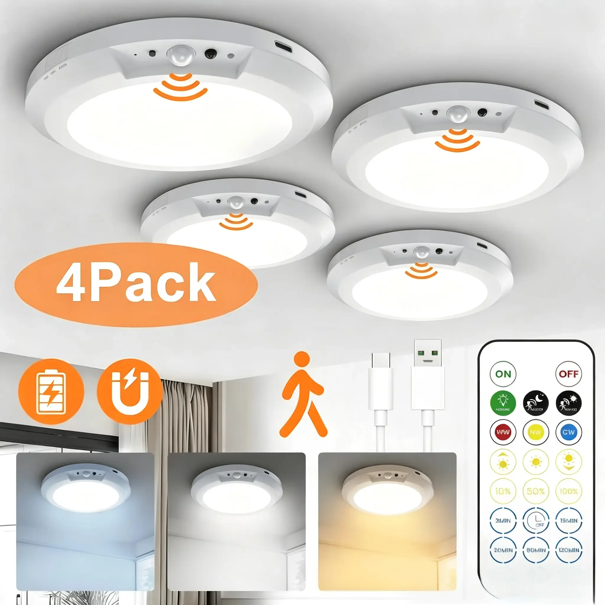 4/2Pack Rechargeable Sensor Ceiling Light with Remote Control, - Image 1