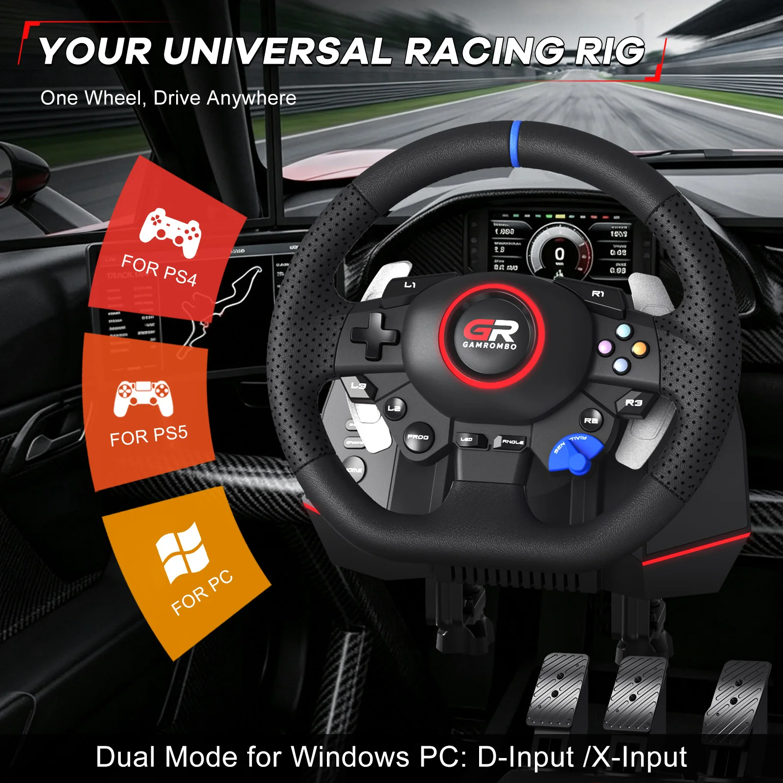 Gaming Steering Wheel 3-Pedal and gear lever Set - Image 2