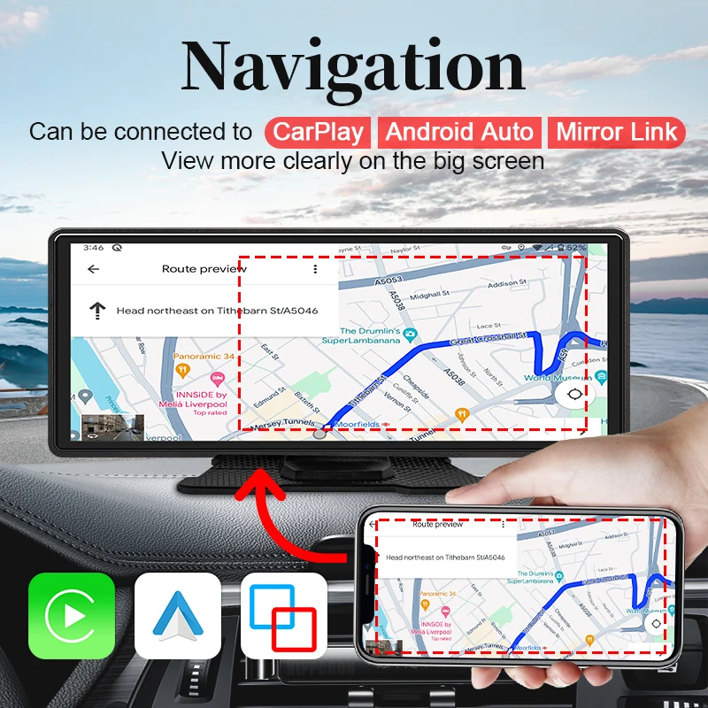10.26" Portable Car Stereo, Wireless CarPlay & Android Auto Touch Screen GPS Navigation FM Multimedia Player - Image 4
